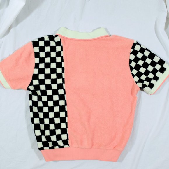 Vans Short Sleeve Terry Cloth Peach + Black & White Checkered Shirt: Size Small - Picture 5 of 5